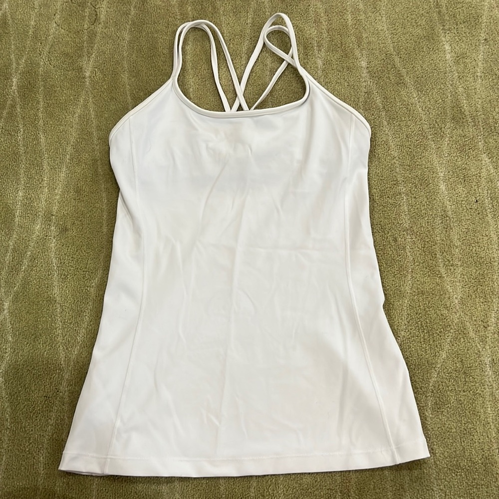 Crisscross white Lululemon tank top with built-in-bra